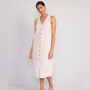 Striped Beige Tan Old Navy Sleeveless Button-Front Linen-Blend Midi Dress.